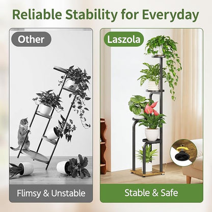 LASZOLA 5 Tiered Plant Stand Tall for Indoor Corner, Modern Multiple Flower Display Rack with Metal Tray, Vertical Planter Shelf for Living Room Bedroom Patio Garden Balcony, Black