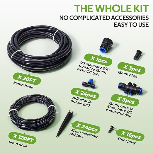HIRALIY 140FT Quick-Connect Drip Irrigation Kit, Garden Watering System with 120FT 1/4" Tubing, 20FT Main Hose & 24 Adjustable Drippers for Raised Beds, Vegetable Rows & Larger Gardens
