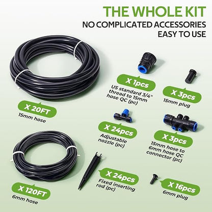 HIRALIY 140FT Quick-Connect Drip Irrigation Kit, Garden Watering System with 120FT 1/4" Tubing, 20FT Main Hose & 24 Adjustable Drippers for Raised Beds, Vegetable Rows & Larger Gardens