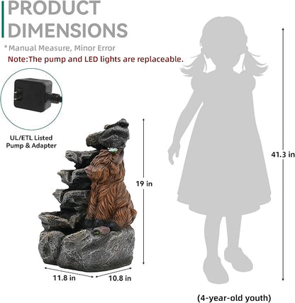 19" Highland Cow Outdoor Fountain with LED Lights | 5-Tier Charming Water Feature , Pastoral Resin Soothing Cascading Waterfall for Patio, Backyard, Garden or Porch