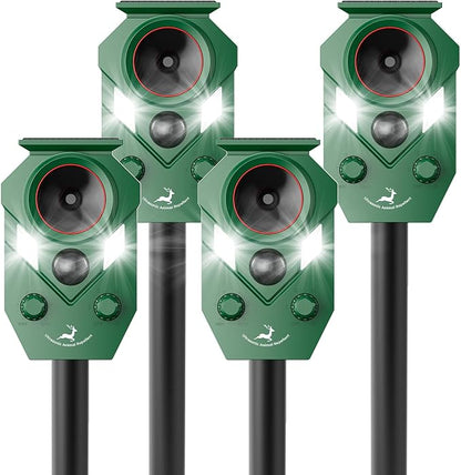 Solar-Powered Ultrasonic Animal Repellent 4 Packs, Waterproof Cat Deterrent with LED Flashing Lights and Motion Sensor for Outdoor Yard, Effective to Repel Cats, Coyotes, Raccoons, and Deer