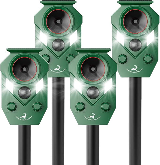 Solar-Powered Ultrasonic Animal Repellent 4 Packs, Waterproof Cat Deterrent with LED Flashing Lights and Motion Sensor for Outdoor Yard, Effective to Repel Cats, Coyotes, Raccoons, and Deer