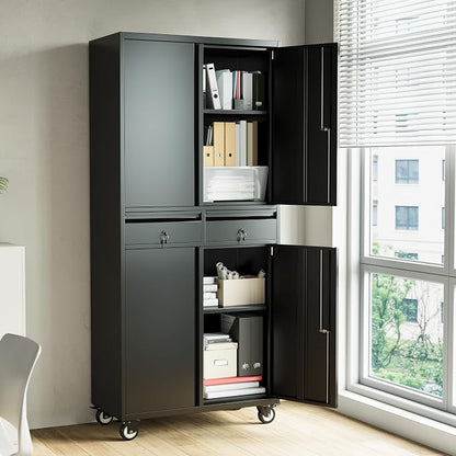 71" Black Metal Storage Cabinet with Wheel, Garage Storage with 2 Drawers + 2 Adjustable Shelves, Heavy Duty Tool Cabinet with Locking Doors for School, Workshop, Office, Black