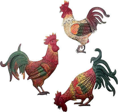 GUAN YANG Set of 3 Metal Rooster Wall Decor, 33x31cm Original Design Waterproof Sturdy Easy to Install Farmhouse Kitchen Wall Decor, Rustic Outdoor Patio Wall Art for Home Decor Gift