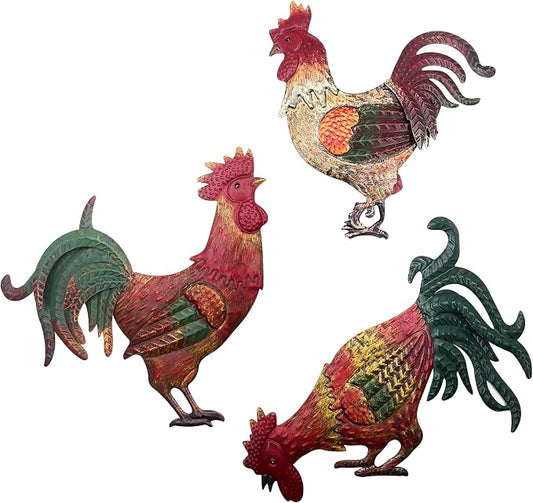GUAN YANG Set of 3 Metal Rooster Wall Decor, 33x31cm Original Design Waterproof Sturdy Easy to Install Farmhouse Kitchen Wall Decor, Rustic Outdoor Patio Wall Art for Home Decor Gift