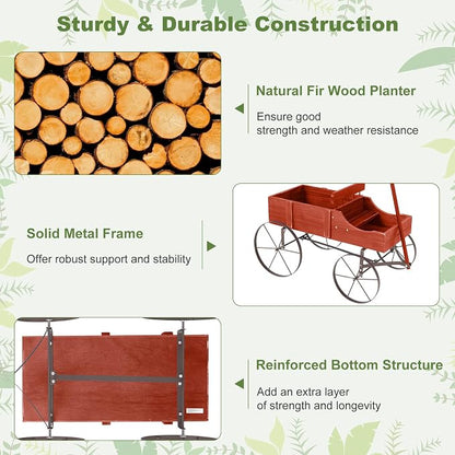 HAPPYGRILL Wooden Wagon Planter, 24.5” x 13.5” x 24” Decorative Garden Planter w/ 2 Planting Sections, Wheels, Handle, Small Decorated Cart, Flower Planter Box for Indoor Outdoor Patio (Red)