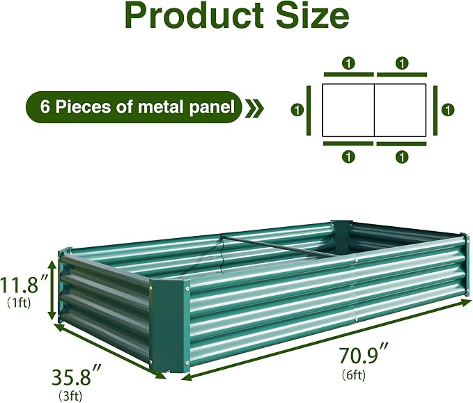 Metal Galvanized Raised Garden Bed Kit, 6 x 3 x 1 ft Galvanized Steel Raised Garden Planter Box Outdoor with Open Base for Growing Vegetables/Flowers/Herbs/Fruits/Succulents, Rectangle, Green