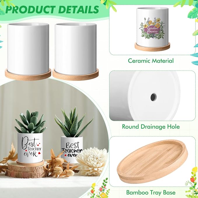 Teenyyou 6 Pcs Sublimation Flower Pot Blanks Mini 3.2 in Garden Ceramic Succulent Planter Pot with Bamboo Tray with Drainage Hole Thank You Gifts for Employee Appreciation Plant Lover