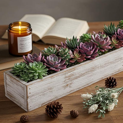 Dandat 2 Set Wood Boxes for Centerpieces 16x4 Inch Rectangle Wooden Planter Box Rustic Wooden Planters with Removable Plastic Liner Floral Foam Blocks for Christmas Wedding Home Garden Decor(White)