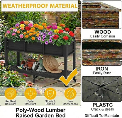 DWVO 47x18x31in Raised Garden Bed Outdoor HDPE with Legs and Lockable Wheels, Weather-Resistant Poly-Wood Elevated Planter Box, Double Tier Planters for Backyard Patio Balcony, Black
