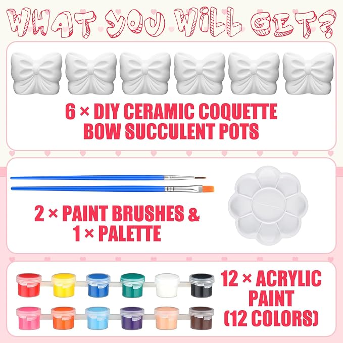 Beeveer 6 Sets Paint Your Own Coquette Bow Succulent Planter Ceramic Blank Unpainted Flower Pots DIY Paintable Porcelain Vase Kit for Kids Christmas Classroom Craft Project Activity Supplies