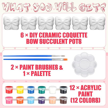 Beeveer 6 Sets Paint Your Own Coquette Bow Succulent Planter Ceramic Blank Unpainted Flower Pots DIY Paintable Porcelain Vase Kit for Kids Christmas Classroom Craft Project Activity Supplies