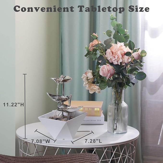 Trilogy Tabletop Fountain with 3-Tier Stainless Steel Waterfall | Handcrafted Design, Adjustable Water Flow & Smart Pump for Modern Home Decor
