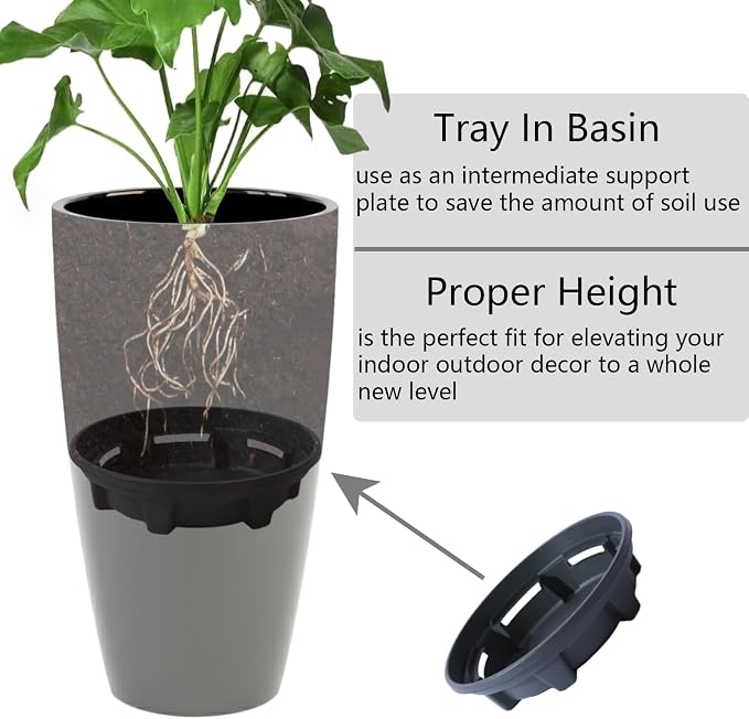 SUN-E Tall Planter for Outdoor Indoor Plants 2Pack, 21Inch Large Gloss Black Planter with Removable Insert Shelf High Glossy Piano Finish Ceramic-Look Tall Flower Pot for Office Lobby Minimalist Decor