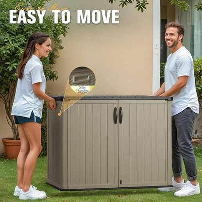Greesum Outdoor Horizontal Storage Sheds 26 Cu.ft, Resin Large Storaged Box Weather Resistance Without Shelf, Easy to Assemble, Prefect for Garden, Patio, Backyard, Beige