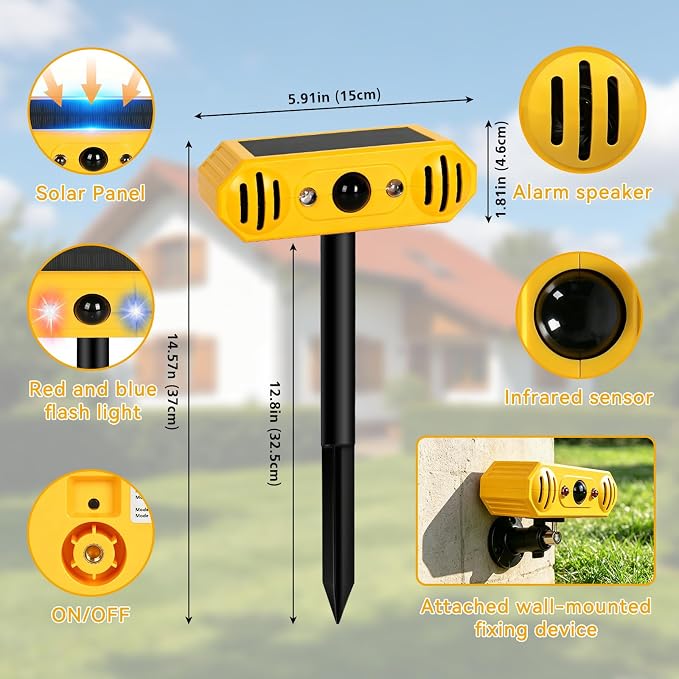 Solar Ultrasonic Animal Repellent with 13 Predator Sounds & Strobe Lights-IP55 Waterproof Sonic Alarm Deterrent for Cat,Deer,Raccoon,Squirrels,2-in-1 Stake or Wall Mount for Yard,Garden,Farm & Patio