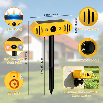 Solar Ultrasonic Animal Repellent with 13 Predator Sounds & Strobe Lights-IP55 Waterproof Sonic Alarm Deterrent for Cat,Deer,Raccoon,Squirrels,2-in-1 Stake or Wall Mount for Yard,Garden,Farm & Patio