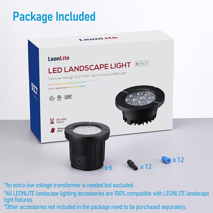 LEONLITE 6-Pack Dia. 4 Inch 5CCT Well Lights Flat Top Black | 1800K/2700K/3500K/4000K/5000K, 12-24V AC/DC, CRI90, Landscape LED In Ground Outdoor, Low Voltage Garden Landscaping, Aluminum