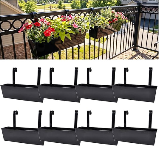 Outdoor Railing Hanging Planter Pot, 17" Metal Planter Pots for Plants, Fence Flower Pot for Porch Balcony with Detachable Hook & Drainage Hole (Rectangular-Black, Pack of 8)