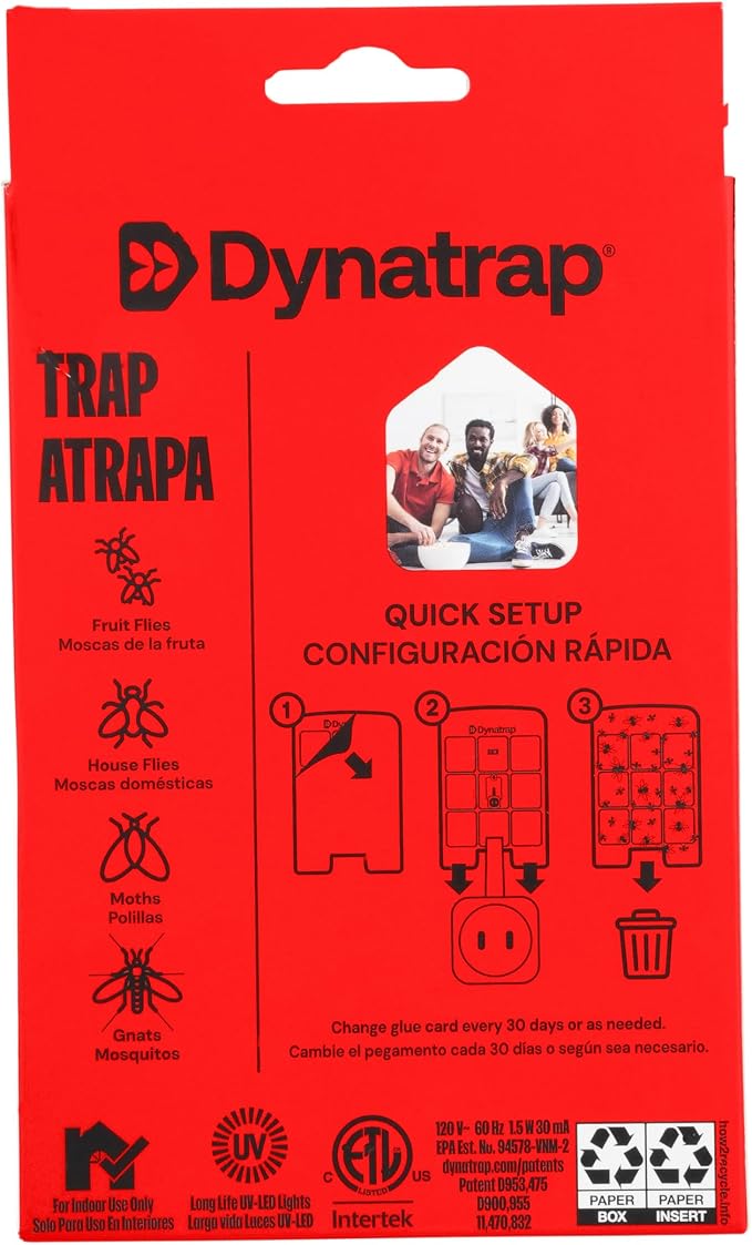 Dynatrap DT3007W Indoor Plug-in Flying Insect Trap for Flies, Fruit Flies, Moths, Gnats, and Other Flying Insects - 1 White Device + 2 Glue Cards