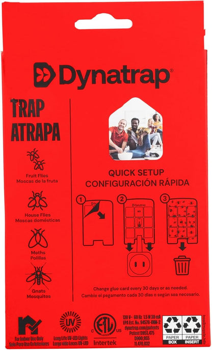Dynatrap DT3007W Indoor Plug-in Flying Insect Trap for Flies, Fruit Flies, Moths, Gnats, and Other Flying Insects - 1 White Device + 2 Glue Cards