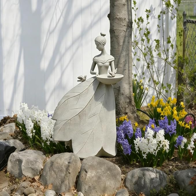 Fairy Garden Statue Bird Feeder - 23-inch Large Sculpture for Outdoors Statues Bird-Bath Yard Decorations Fairy Garden Statue Grey White DiliComing