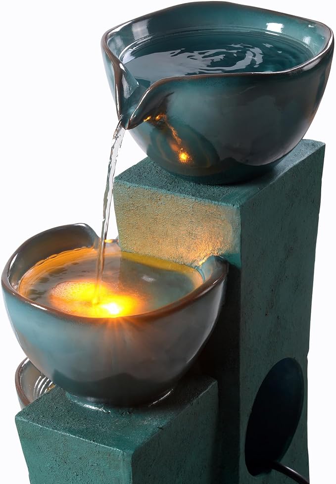 Teamson Home 28.54 in. 3-Tier Cascading Outdoor Water Fountain, Green | LED Lights, For Gardens, For Landscaping, For Patios, For Balconies