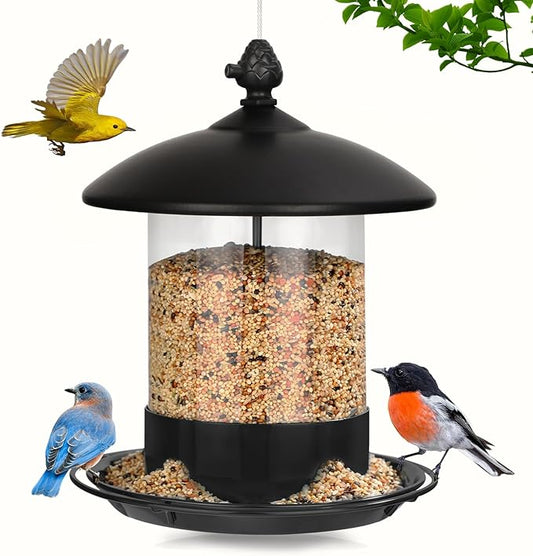 Gbekery Metal Bird Feeders for Outdoors Hanging, Weather Resistant Wild Bird Feeder with 360 Degree Feeding Tray, Black