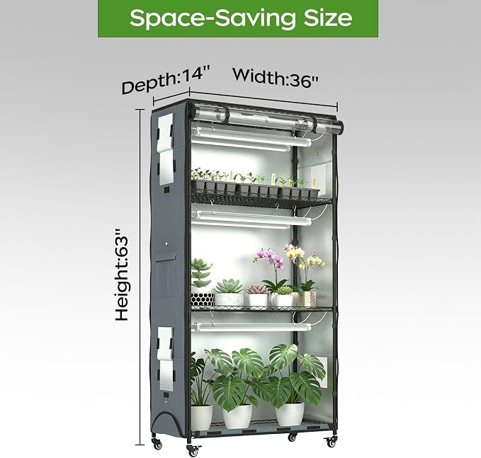 Indoor Greenhouse with Grow Lights & Cover, Plant Stand with Wheels | 36"x14"x63" Plant Shelf, heavy-duty 600D Oxford Cover, 6 full-spectrum Grow Light, Timer, Hygrometer for Seedlings & Flowers