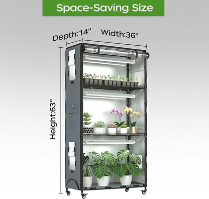 Indoor Greenhouse with Grow Lights & Cover, Plant Stand with Wheels | 36"x14"x63" Plant Shelf, heavy-duty 600D Oxford Cover, 6 full-spectrum Grow Light, Timer, Hygrometer for Seedlings & Flowers
