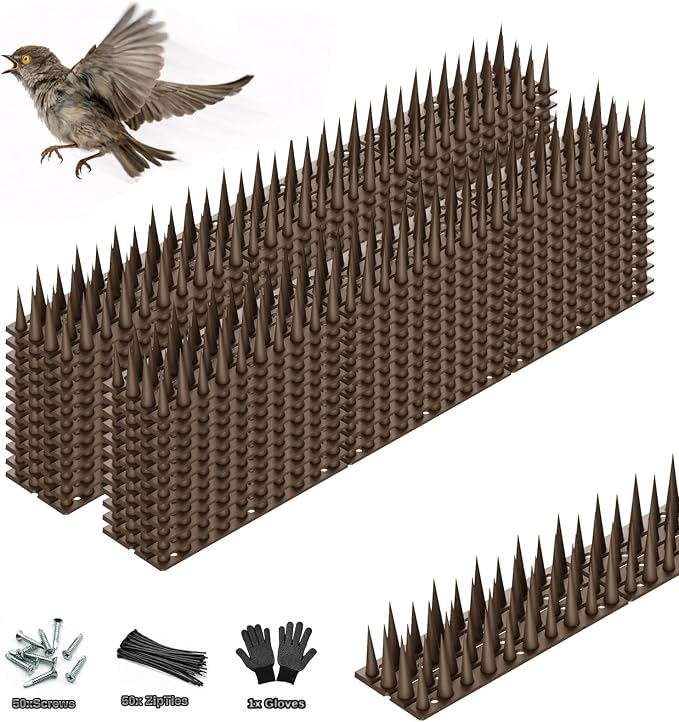 Bird Spikes, 30 Pack, 41.9 FT Total Coverage, Outdoor Bird Deterrent for Pigeons and Small Birds, Helps Keep Cats and Squirrels Away, Plastic Spikes for Fences, Railings and Roofs, Brown