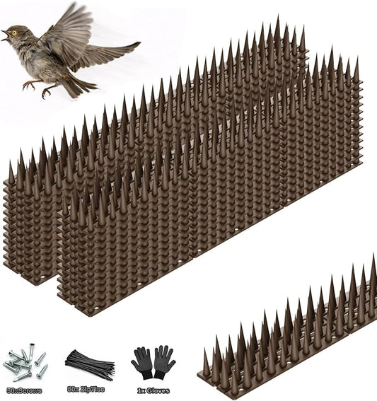 Bird Spikes, 30 Pack, 41.9 FT Total Coverage, Outdoor Bird Deterrent for Pigeons and Small Birds, Helps Keep Cats and Squirrels Away, Plastic Spikes for Fences, Railings and Roofs, Brown