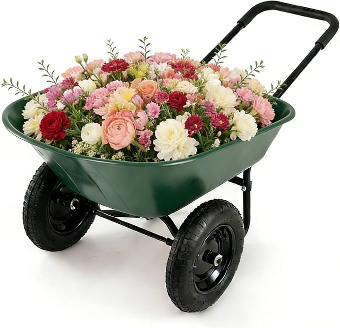 ERGOMASTER Dual-Wheel Wheelbarrow, Home Utility Garden Cart, 330 LBS Capacity, Large Heavy Duty Yard Cart for Gardening & Planting, Lawn, Farm, Construction Site, Green