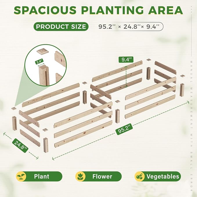Oakcloud Outdoor 8ft Wooden Raised Garden Bed Planter Box Kit and 4 Garden Bed Fences for Vegetables Fruits Herb Grow Gardening