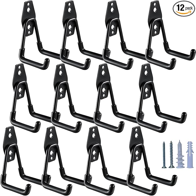 HUPBIPY Heavy Duty Garage Hooks 12 Pack, 2.8 inch Small U Shaped Hanger, Wall Mounted Storage System, Power and Garden Tool Organizer, for Hanging Ladders, Hose, Bulk Items and More