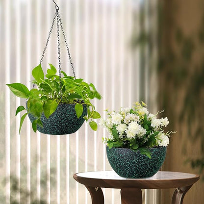 Meowell 12 inch Large Hanging Planters for Indoor Outdoor Plants, 2 Pack Hanging Flower Pots with Drainage Holes and Chain, Plastic Hanging Baskets for House Plants, Black with Green Speckles