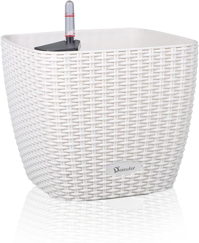 Dexceder 11x10 Self Watering Planter (Ivory White Rattan) | Inner Mat Design, Thickened Table Flower Plant Pot with Water Level Indicator Indoor Outdoor