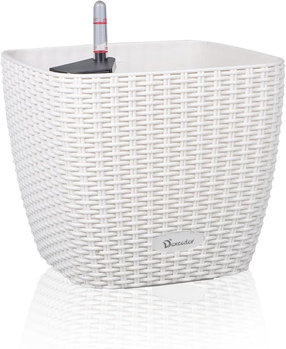 Dexceder 11x10 Self Watering Planter (Ivory White Rattan) | Inner Mat Design, Thickened Table Flower Plant Pot with Water Level Indicator Indoor Outdoor