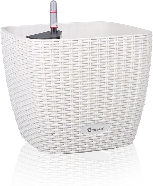Dexceder 11x10 Self Watering Planter (Ivory White Rattan) | Inner Mat Design, Thickened Table Flower Plant Pot with Water Level Indicator Indoor Outdoor