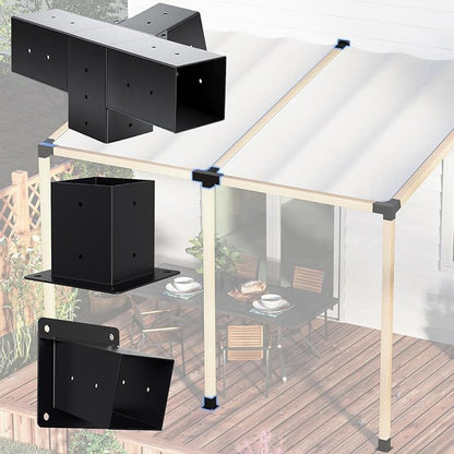 15° Slanted Pergola Bracket Kit, 4-Way Roof Wall Mount Pergola Set with Post Base for 4"x4" Posts for Gazebos, Patio Pergolas(Set of 3)