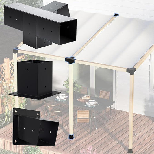 15° Slanted Pergola Bracket Kit, 4-Way Roof Wall Mount Pergola Set with Post Base for 4"x4" Posts for Gazebos, Patio Pergolas(Set of 3)