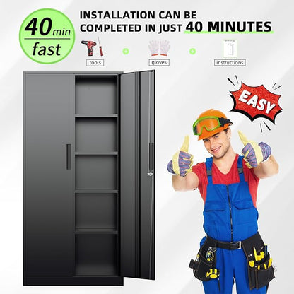 INTERGREAT Black Metal Storage Cabinet, 72" Locking Steel Cabinets with 2 Door and 4 Adjustable Shelves, Tall Metal Cabinet for Home Office, Garage, Warehouse
