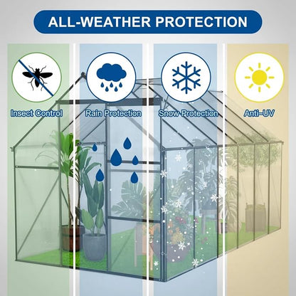 6x12 FT Greenhouse, Walk-in Polycarbonate Greenhouses with Sliding Doors, Aluminum Frame, Adjustable Roof Vent, Raised Base & Anchor, Outdoor Backyard Greenhouse for All Seasons, Black