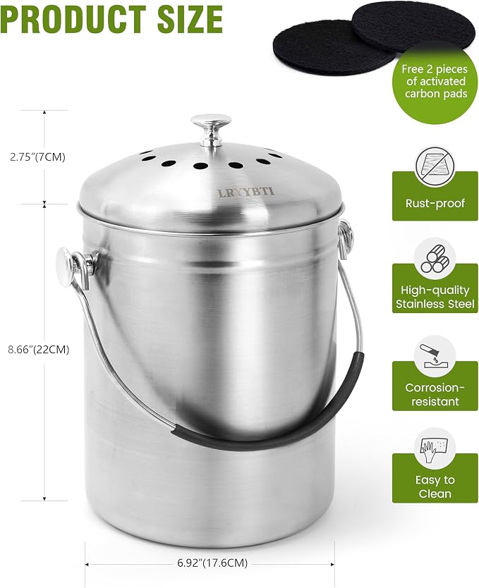Countertop Compost Bin Kitchen Stainless Steel 1.3 Gallon with Lid, 2 Charcoal Filter for Odorless Composting, Soft-Grip Handle