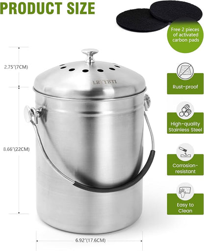 Countertop Compost Bin Kitchen Stainless Steel 1.3 Gallon with Lid, 2 Charcoal Filter for Odorless Composting, Soft-Grip Handle