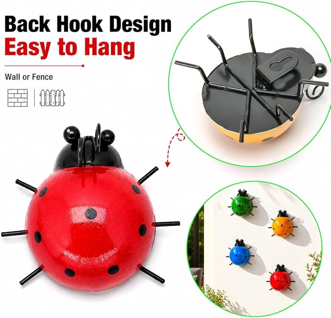 MACLARONX Metal Ladybugs Outdoor Yard Art Garden Fence Decor Set of 4 Cute Lady-Bugs Wall Sculptures Colorful 3D Ornaments for Backyard Balcony Patio