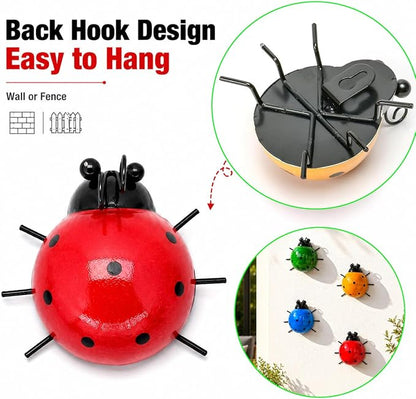 MACLARONX Metal Ladybugs Outdoor Yard Art Garden Fence Decor Set of 4 Cute Lady-Bugs Wall Sculptures Colorful 3D Ornaments for Backyard Balcony Patio