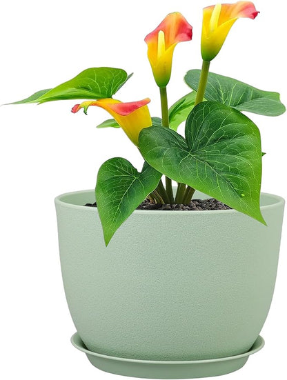 Meowell 12 inch Big Plant Pots, Plastic Planters with Drainage Holes and Trays, Flower Pots for Indoor Outdoor Plants, Modern Decorative Pots for Garden House Plants, Green