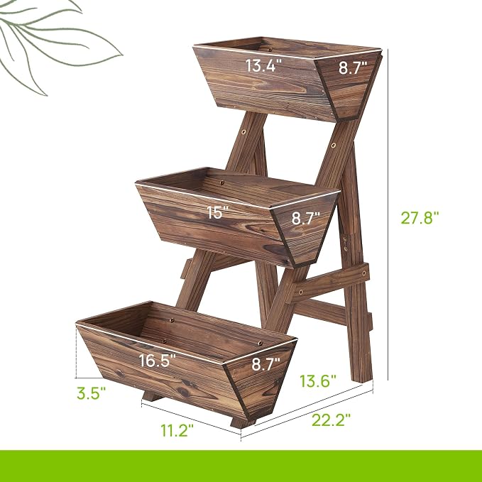 3-Tiers Wooden Raised Garden BedPlanter Box Gardening Outdoor Planter Box Patio Kit Tiered Planter Box Vertical Garden Planter Wood Plant Stand for Patio, Balcony, Freestanding (Carbonized S)