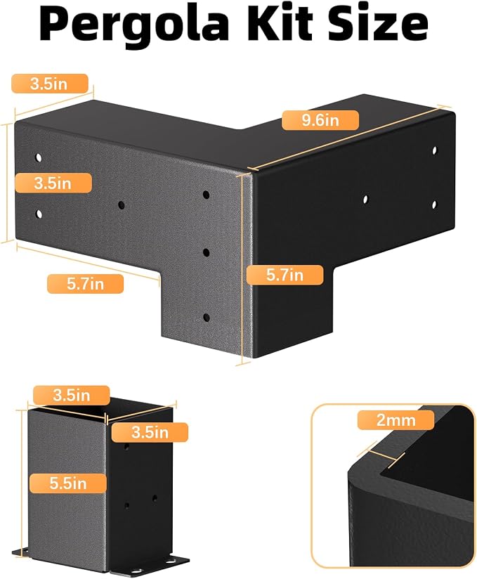Pergola Kit, 3-Way Pergola Brackets for 4"x 4" (Actual 3.5" X 3.5") | Heavy Duty, DIY Post Base Kit, Easy Installation, For Gazebos, Patio Pergolas, Log Cabin